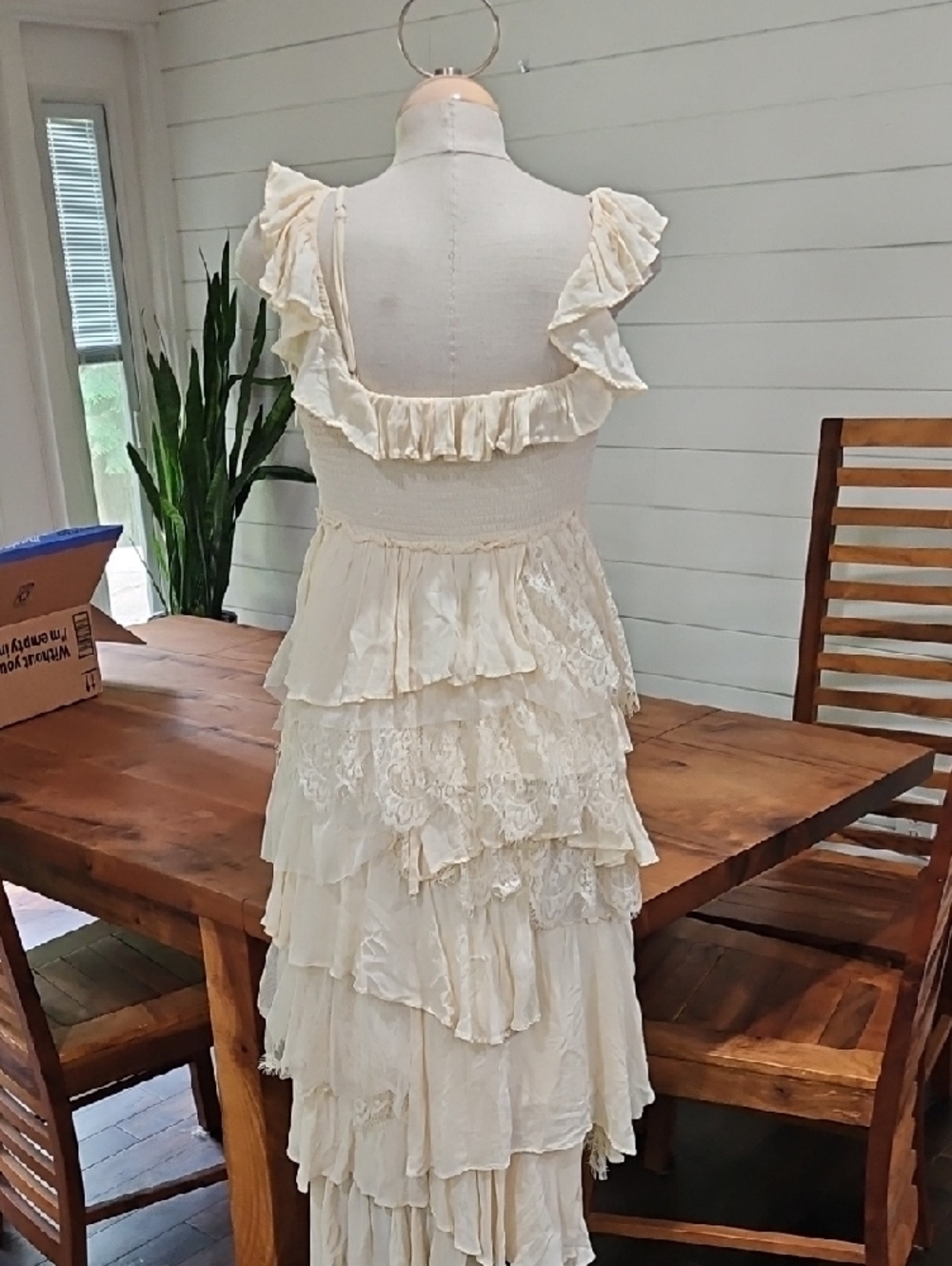 Anthropologie Cream Ruffle Tiered Maxi Dress Sz Small. Euc - Picture 4 of 7